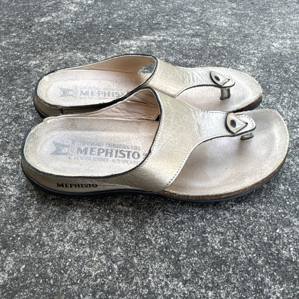 Mephisto Acacia Sandals Womens Sz 5 (EU 36) Comfort Slip On Thong Gold Leather
